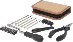 ENSEMBLE DE 24 OUTILS EN PLASTIQUE RECYCLE CERTIFIE RCS AVEC POCHETTE EN LIEGE SPIKE STAC